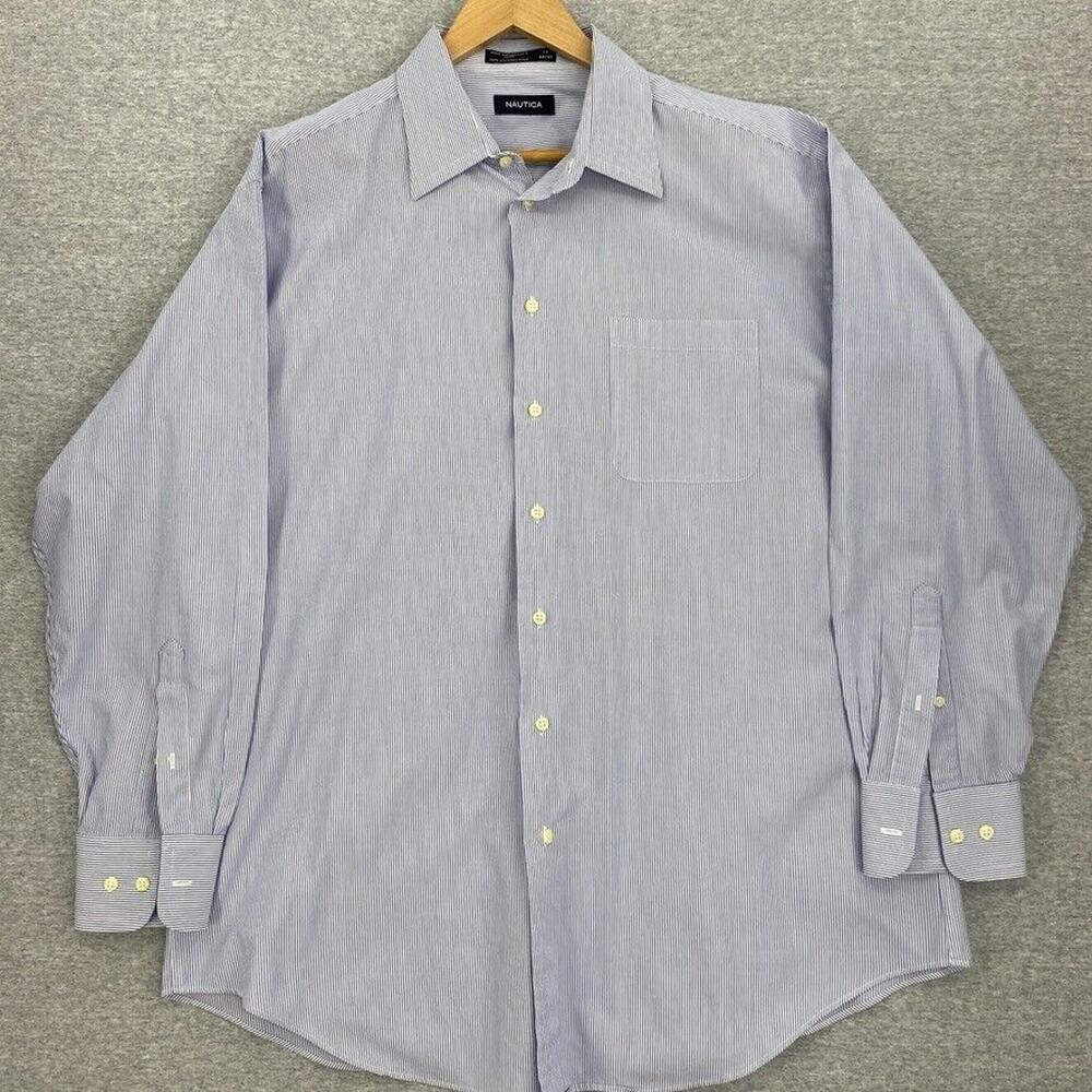 Nautica Shirt Mens 17 White Blue Striped Button Up Long Sleeve Casual